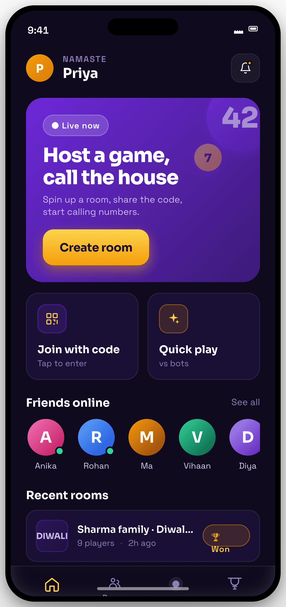 Tambola app home screen