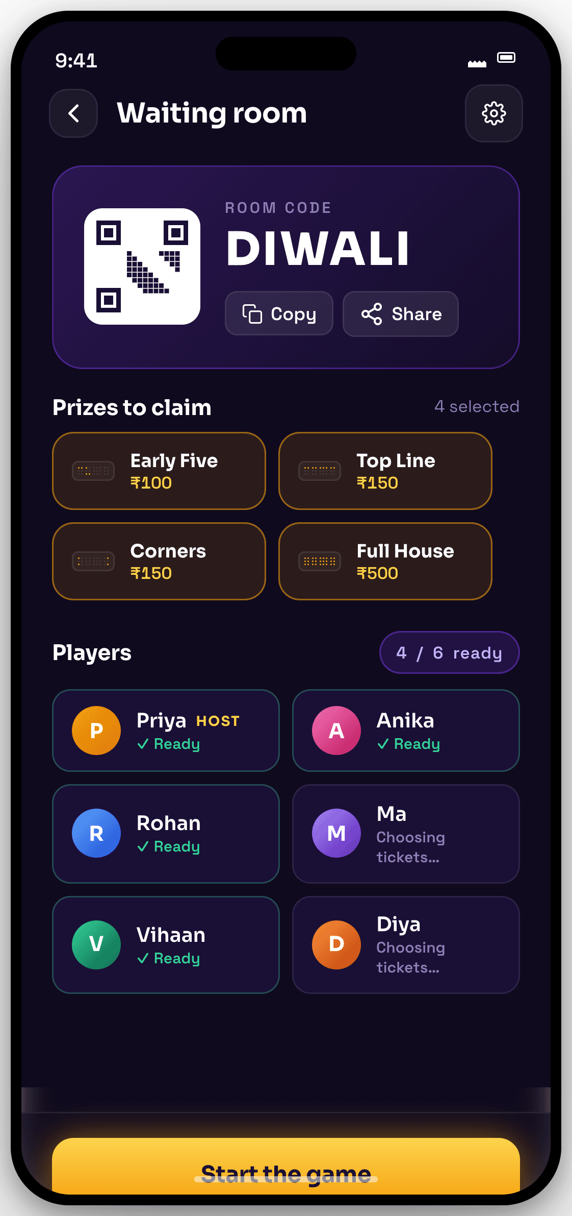 Tambola multiplayer waiting room
