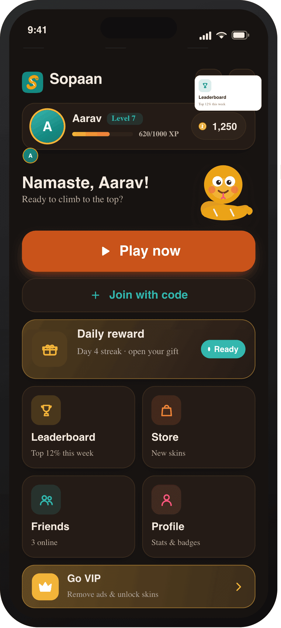 Sopaan home screen in dark mode