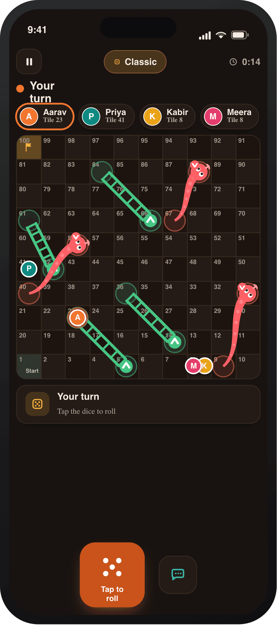Snakes and ladders game board in dark mode