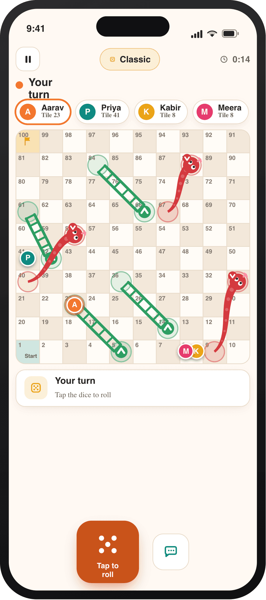 Snakes and ladders game board